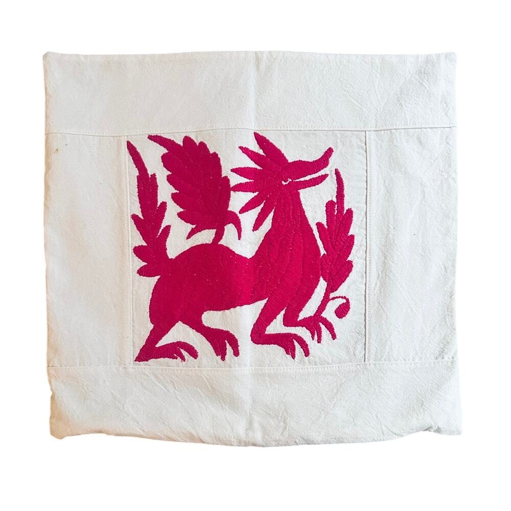 Mexican Otomi Embroidery Pillow Cover 13” Sq Pink Dragon Folk Art Handmade